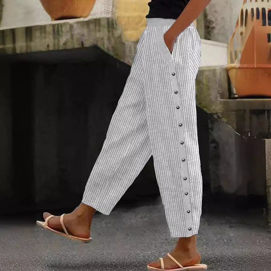 Damen Culotte-Hosen mit hohem elastischem Bund, seitlichem Knopfverschluss und Taschen Shop Nory