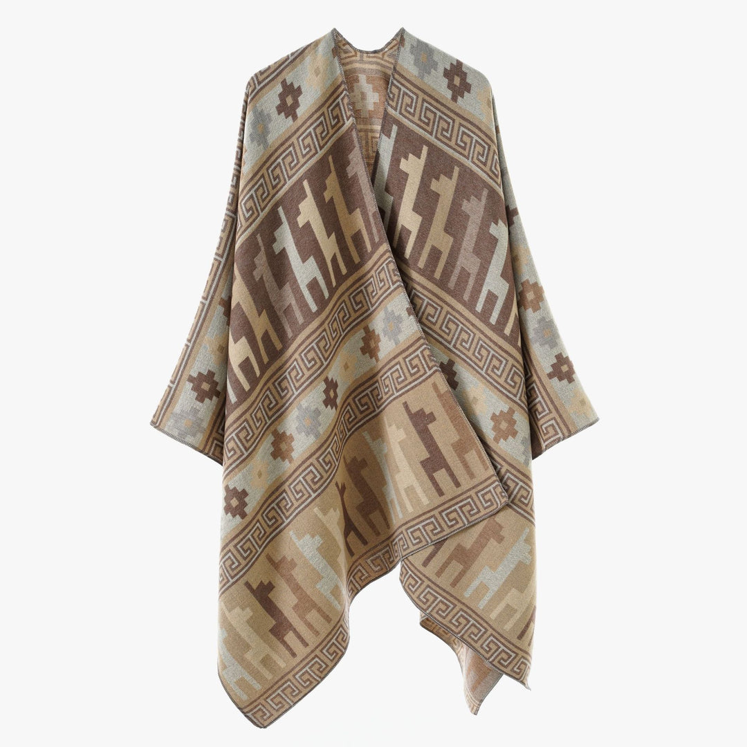 Damen Jacquard‑Strickponcho mit Ethno‑Tiermotiven und offenem Kimono‑Schnitt Shop Nory