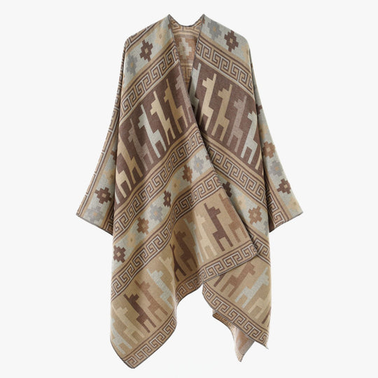 Damen Jacquard‑Strickponcho mit Ethno‑Tiermotiven und offenem Kimono‑Schnitt Shop Nory