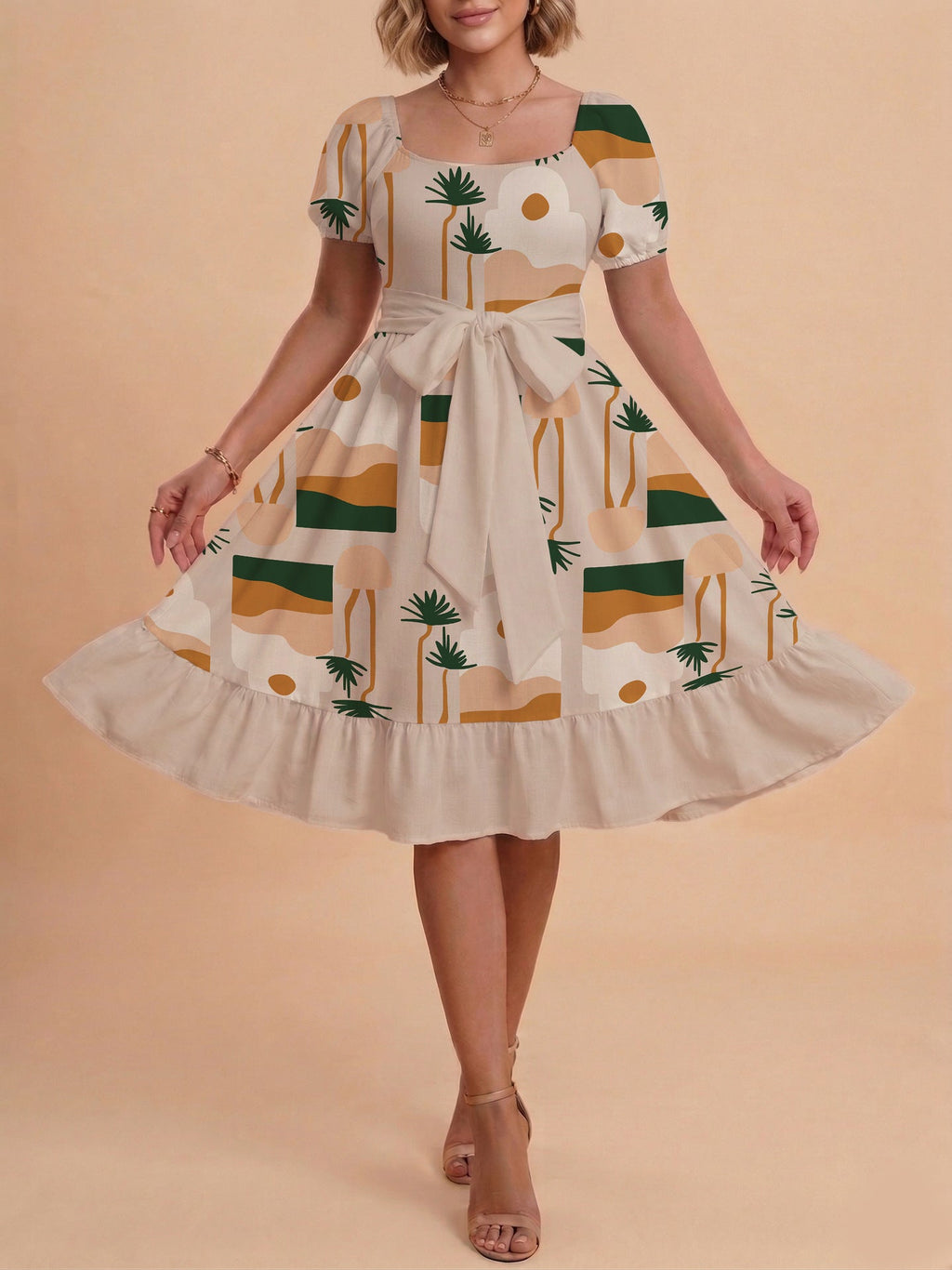 Damen Sommerliches Blumenkleid mit taillierbarem Gürtel und voluminösen Ärmeln