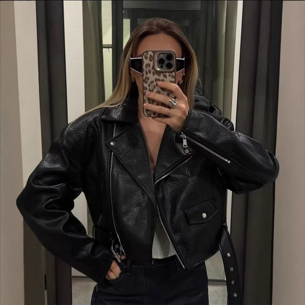 Damen Kurze strukturierte Bikerjacke aus Lederimitat Shop Nory