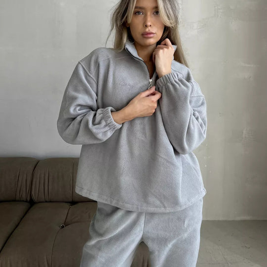 Damen lässiges Fleece-Jogginganzug Set mit Stehkragen und halbhohem Reißverschluss Shop Nory