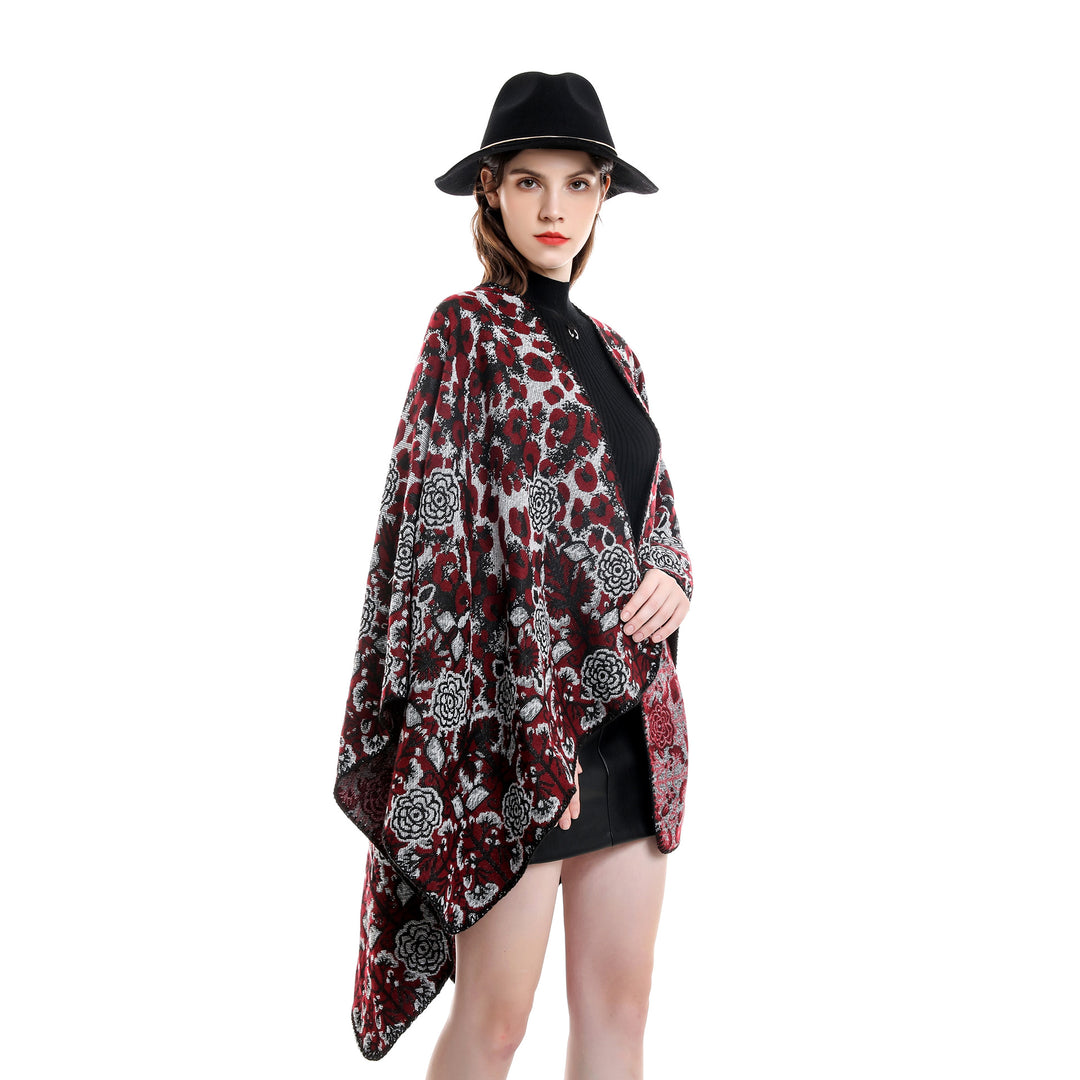 Damen Jacquard-Überwurfponcho im kastigen Kimono-Fall mit floral-animalischem Muster Shop Nory