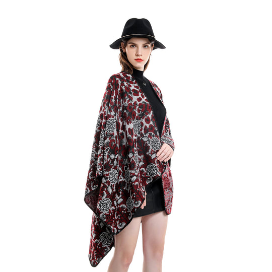 Damen Jacquard-Überwurfponcho im kastigen Kimono-Fall mit floral-animalischem Muster Shop Nory