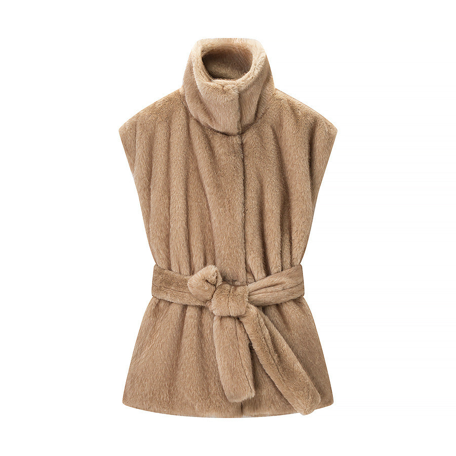 Damen Ärmellose Kunstfell‑Weste mit hohem Stehkragen und tailliertem Bindegürtel Shop Nory