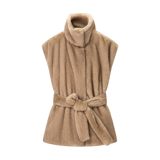 Damen Ärmellose Kunstfell‑Weste mit hohem Stehkragen und tailliertem Bindegürtel Shop Nory