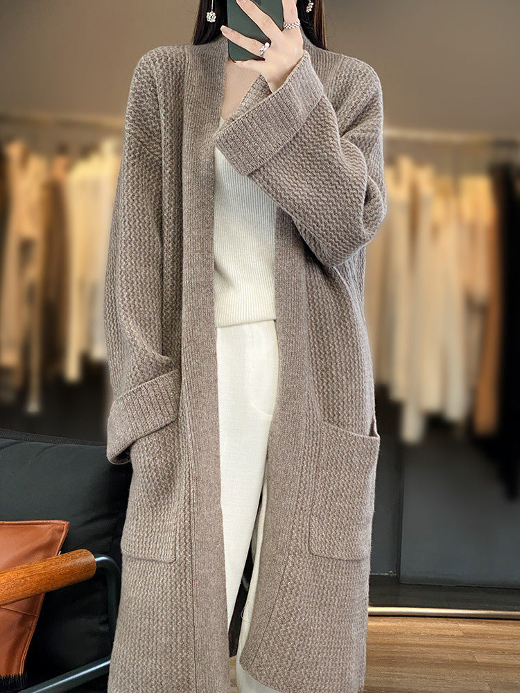 Damen Langer Oversize-Strickcardigan mit Strukturmuster und aufgesetzten Taschen Shop Nory