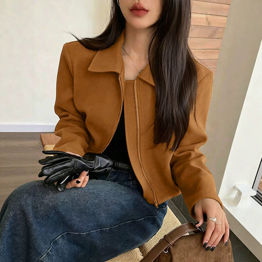 Damen Kurzjacke aus Wildlederimitat mit Reißverschluss und Hemdkragen Shop Nory