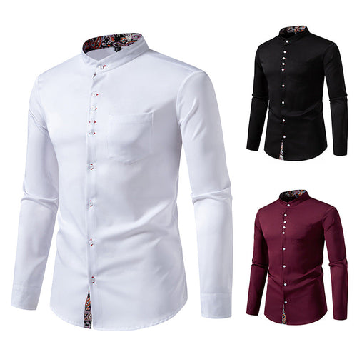 Herren Langarm Hemd mit modernem Stehkragen und Paisleymuster
