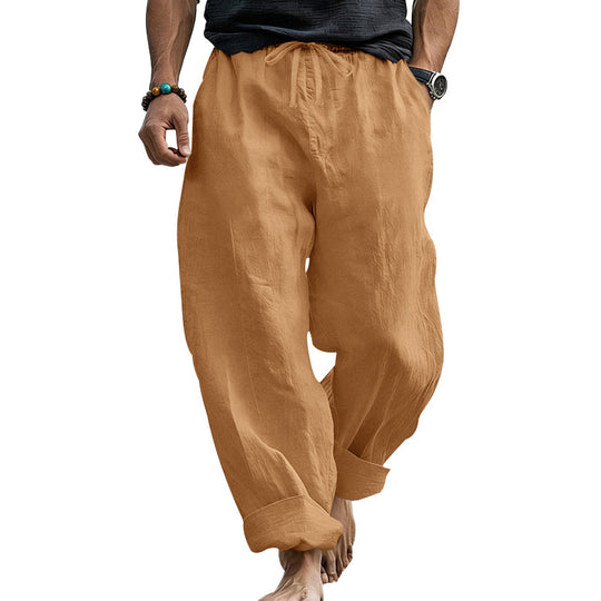 Herren Locker geschnittene Leinen-Loungehose mit Kordelzug, Umschlagsaum und Taschen Shop Nory