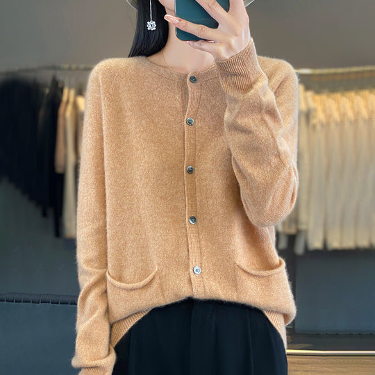 Damen Langer Feinstrick-Cardigan mit Rundhalsausschnitt, Eingrifftaschen und Alpaka-Mix Shop Nory