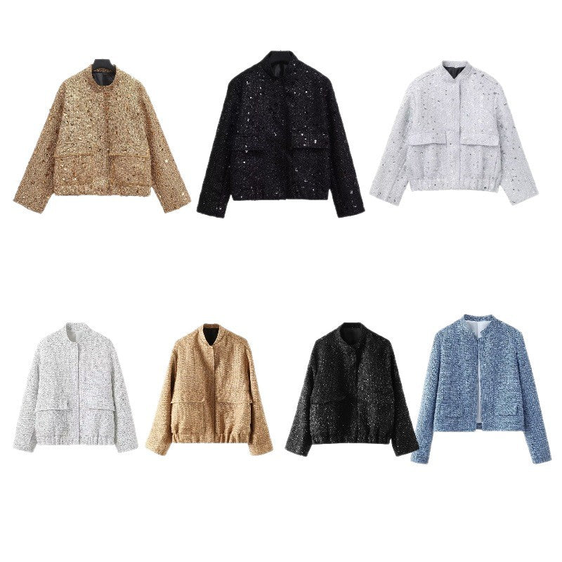 Damen verzierte Bouclé-Bomberjacke mit Pailletten und Strass Shop Nory