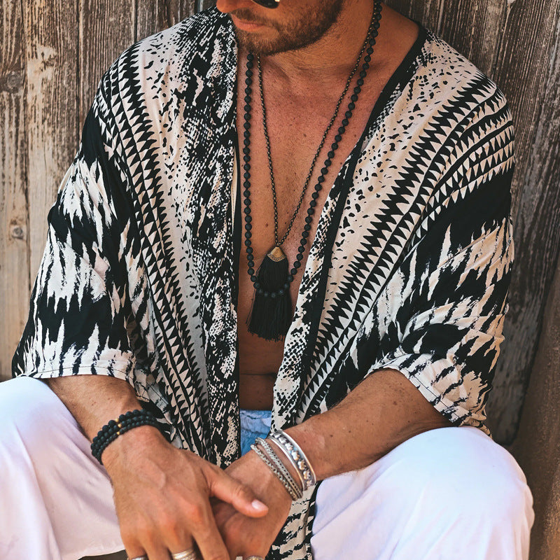 Herren Leichter Ethno-Strandkaftan mit V-Ausschnitt und Fransen Shop Nory
