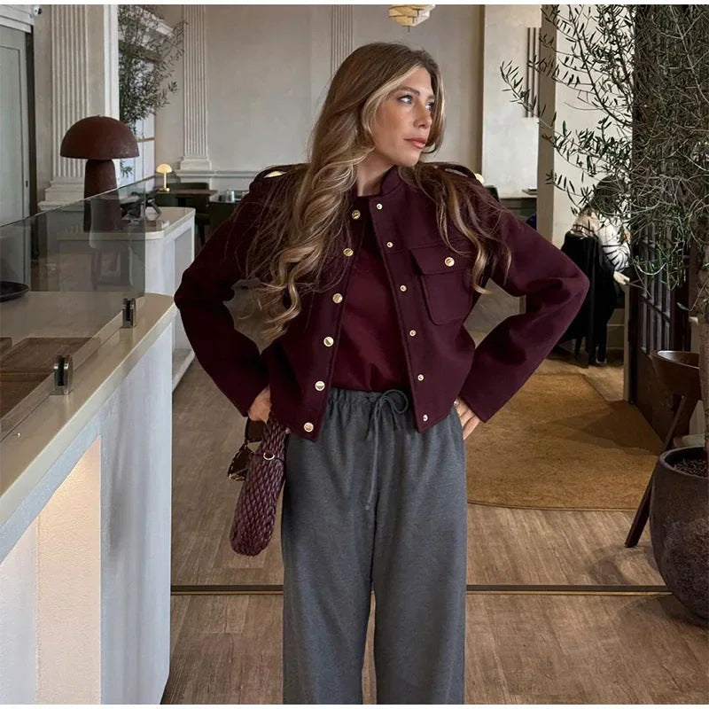Damen Modische Cropped Jacke mit Taschen