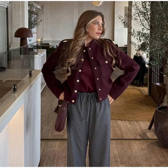 Damen Modische Cropped Jacke mit Taschen