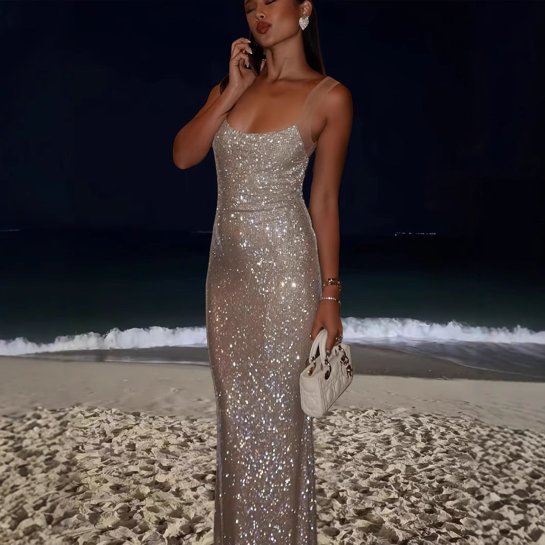 Damen Elegantes Pailletten Maxikleid mit tiefem Rundhalsausschnitt und figurformendem Schnitt