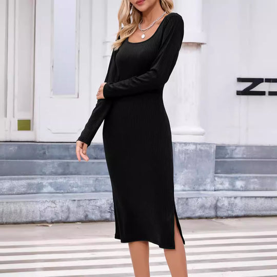Damen Figurbetontes Geripptes Midikleid mit U-Ausschnitt Shop Nory