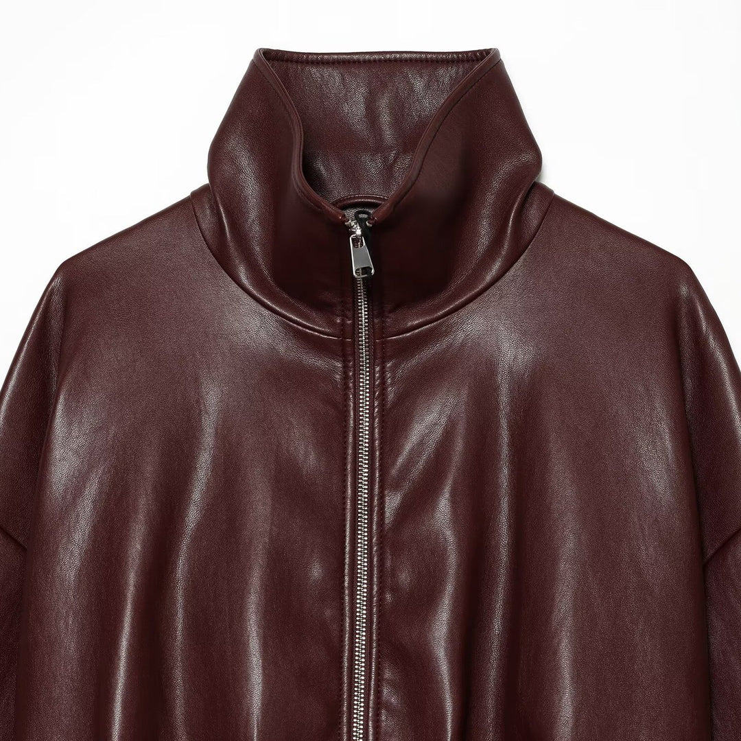 Damen Cropped Boxy-Bomberjacke in glänzender Lederoptik mit hohem Funnelkragen Shop Nory