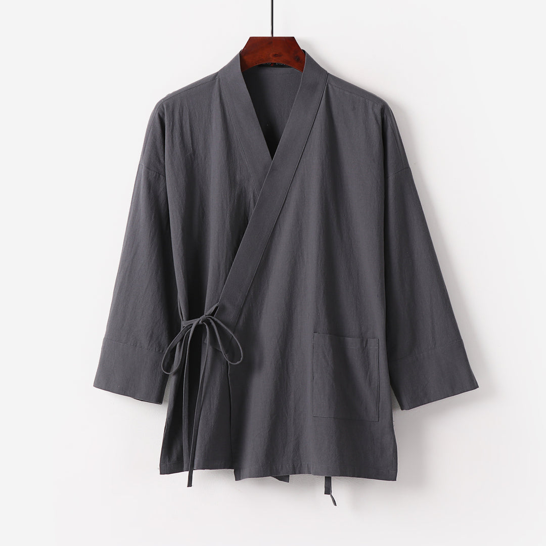 Damen Kimono-Cardigan aus Baumwoll-Leinen mit dreiviertelärmeln Bindegürtel und aufgesetzten Taschen Shop Nory