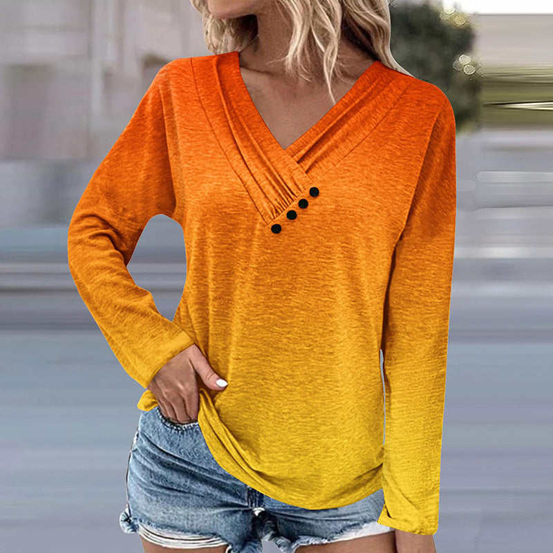 Damen Langärmeliges Ombré-Viskoseshirt mit V-Ausschnitt, Faltenlegung und Zierknöpfen Shop Nory