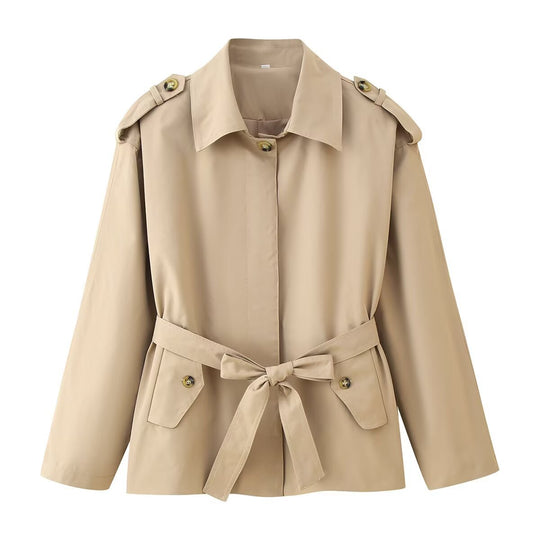 Damen Kurz‑Trenchjacke mit Taillengürtel, Schulterklappen und Pattentaschen Shop Nory