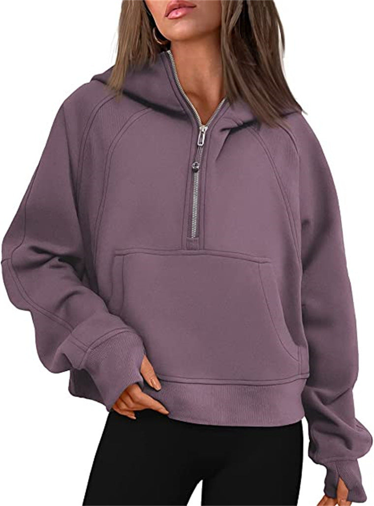 Damen Oversize-Hoodie mit halbem Reißverschluss, Kängurutasche und Daumenlöchern Shop Nory