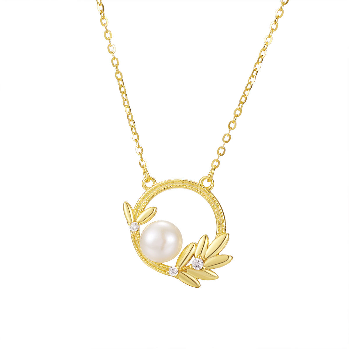 Damen Halskette mit elegantem Perlenelement und filigranem Blätter-Design Shop Nory