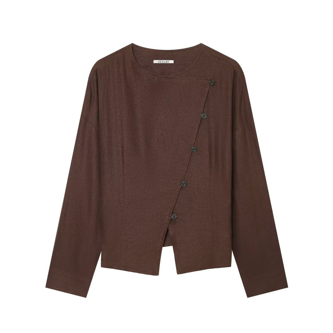 Damen Leichte asymmetrische Blusenjacke mit diagonaler Knopfleiste Shop Nory