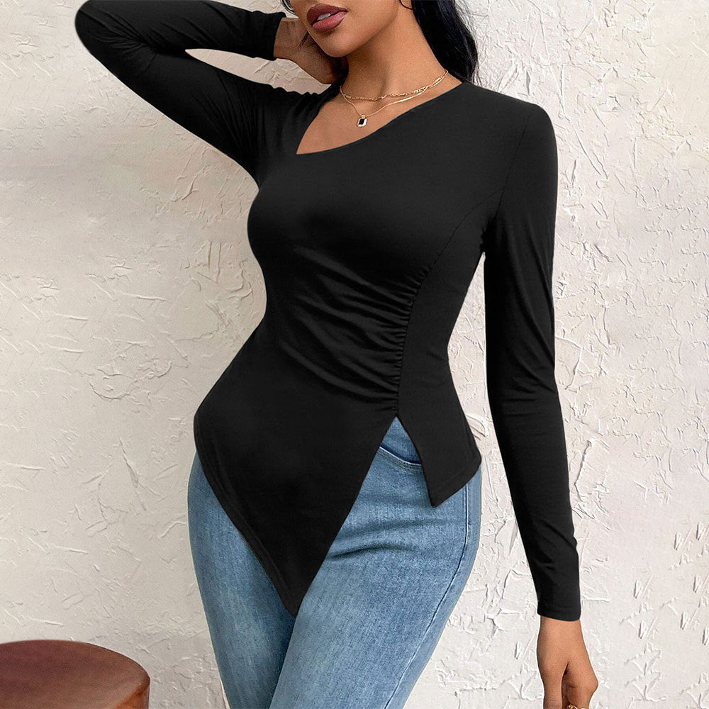 Damen asymmetrisches Langarm-Shirt mit diagonalem Cut-Out, taillierter Seitenraffung und spitz zulaufendem Zipfel-Saum Shop Nory