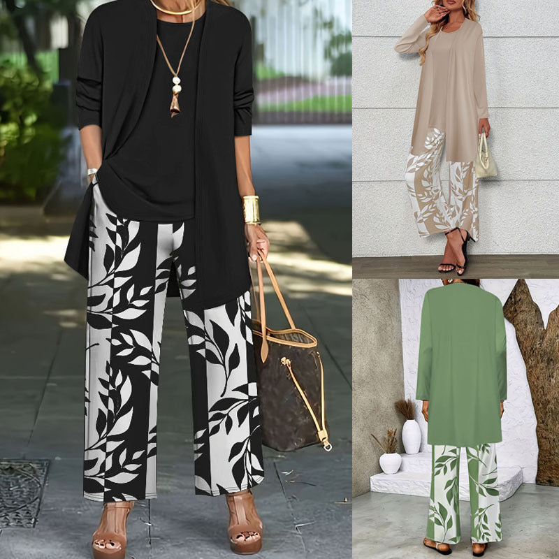 Damen Zweiteiler Offener Longcardigan mit Langarm und Palazzo‑Hose mit Blattprint Shop Nory