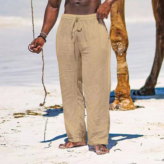 Herren lässige Strandhose aus leichtem Leinenstoff mit elastischem Bund und Kordelzug