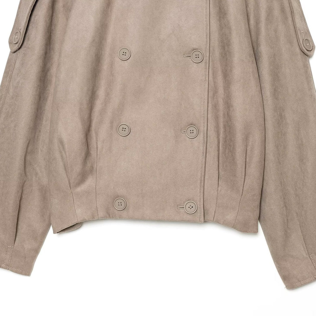 Damen Cropped Cape‑Trenchjacke in Veloursoptik mit hohem Stehkragen, Epauletten und doppelreihiger Knopfleiste Shop Nory
