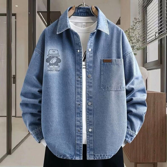 Herren Oversized Denim-Hemdjacke im Relaxed-Worker-Style mit Brusttasche und Druckknöpfen Shop Nory