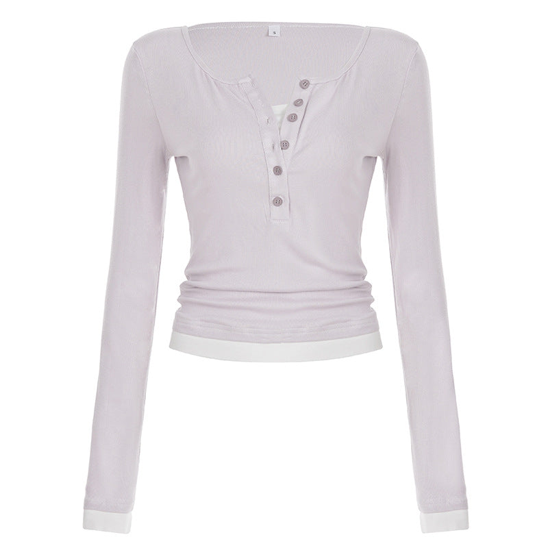 Damen nan tailliertes Henley-Crop-Longsleeve mit kontrastierenden Saum- und Ärmelbündchen Shop Nory