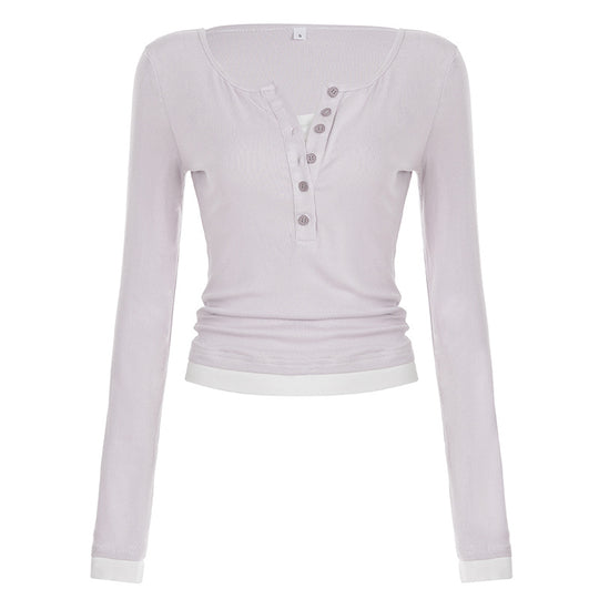 Damen nan tailliertes Henley-Crop-Longsleeve mit kontrastierenden Saum- und Ärmelbündchen Shop Nory