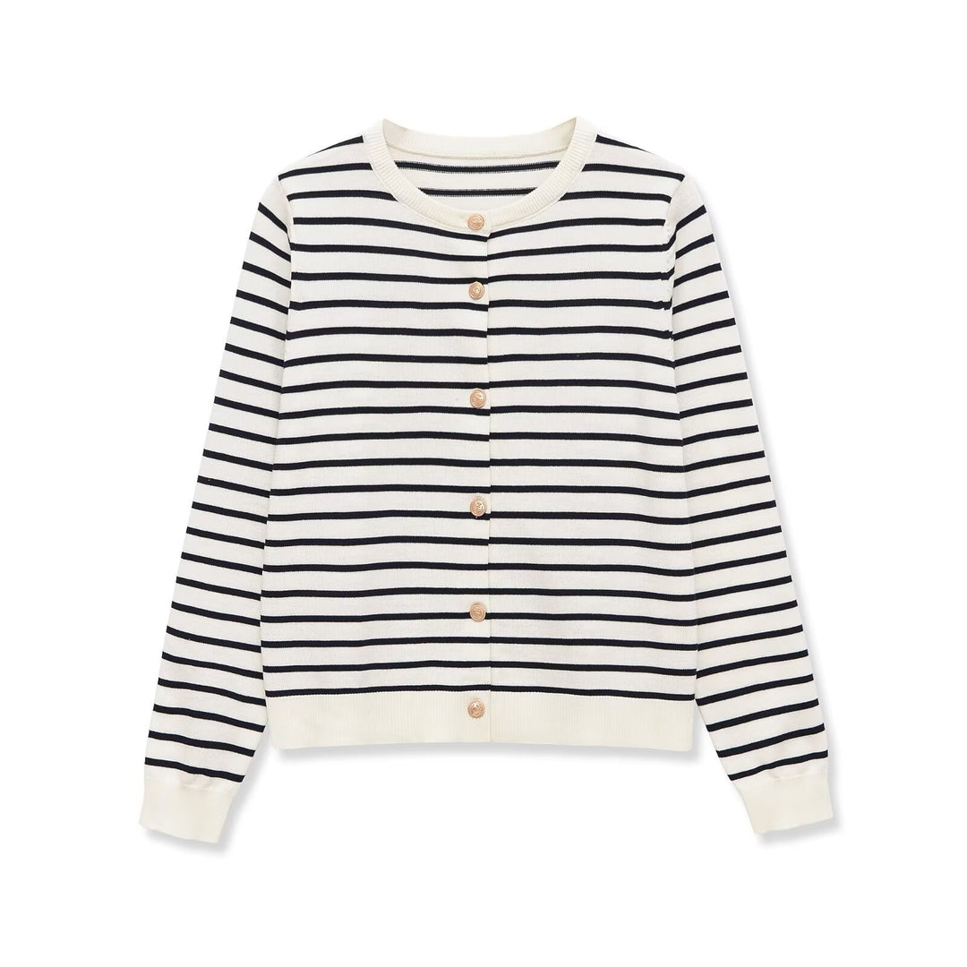 Damen Gestreifter Feinstrick-Cardigan mit Rundhals und Zierknöpfen Shop Nory