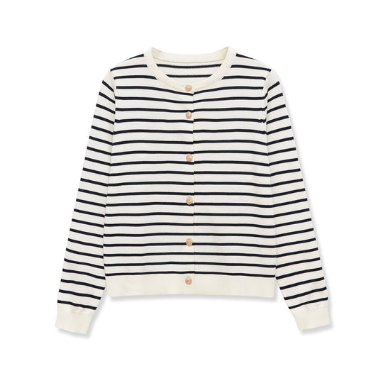 Damen Gestreifter Feinstrick-Cardigan mit Rundhals und Zierknöpfen Shop Nory