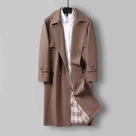 Herren Midilanger Doppelreihiger Trenchcoat mit Taillengürtel, abgefalcetem Revers und kariertem Innenfutter Shop Nory