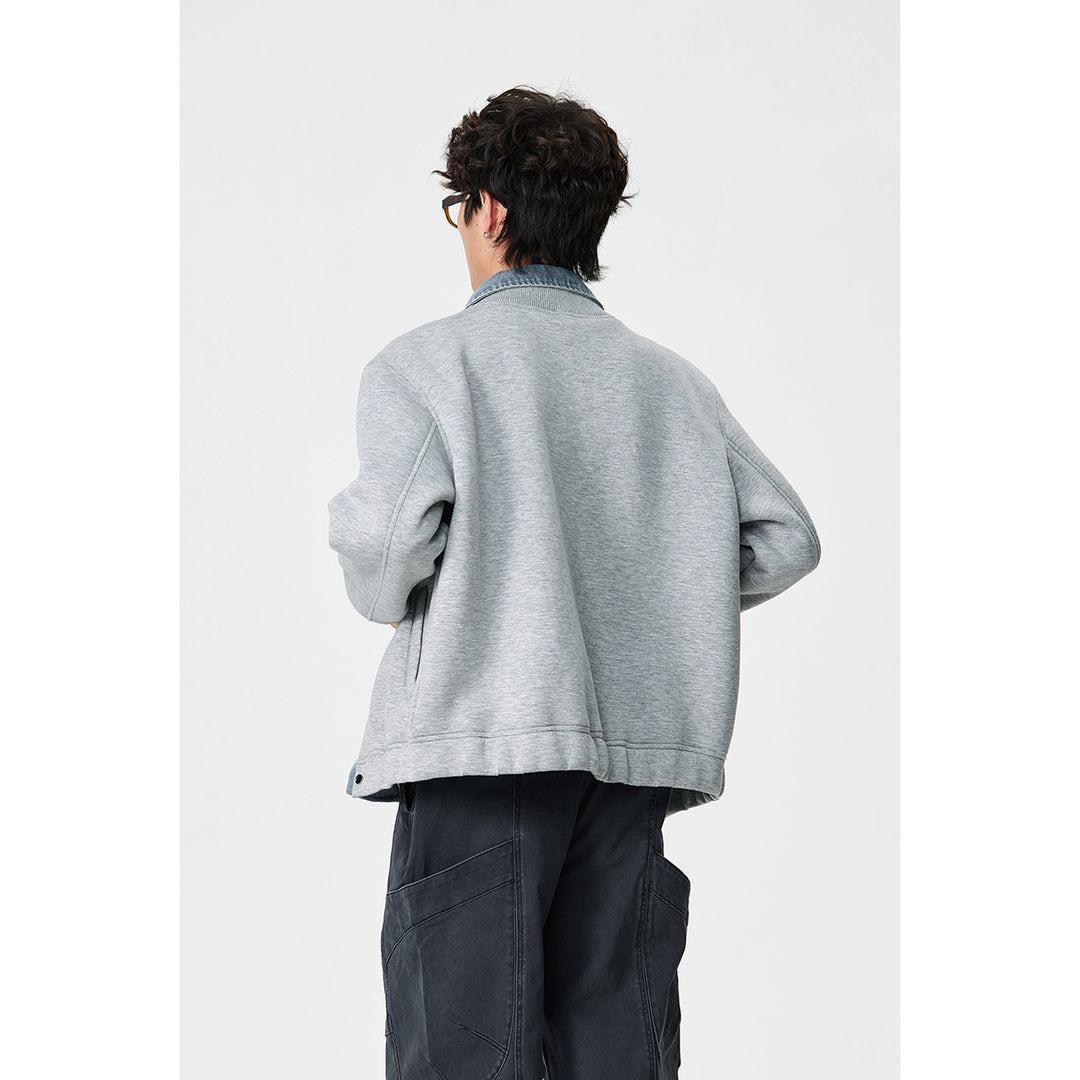 Unisex Lagenlook-Boxy Blouson mit integriertem Denim-Kragen und Druckknopfleiste Shop Nory
