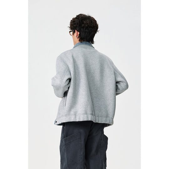 Unisex Lagenlook-Boxy Blouson mit integriertem Denim-Kragen und Druckknopfleiste Shop Nory
