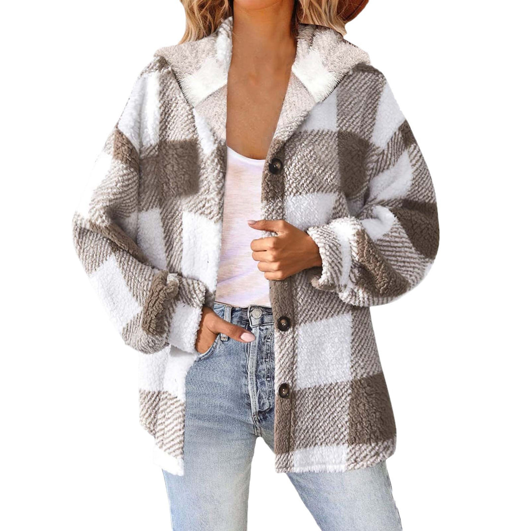 Damen nan kuschelige karierte Teddyjacke mit Kapuze, Knopfverschluss und oversized Schnitt Shop Nory