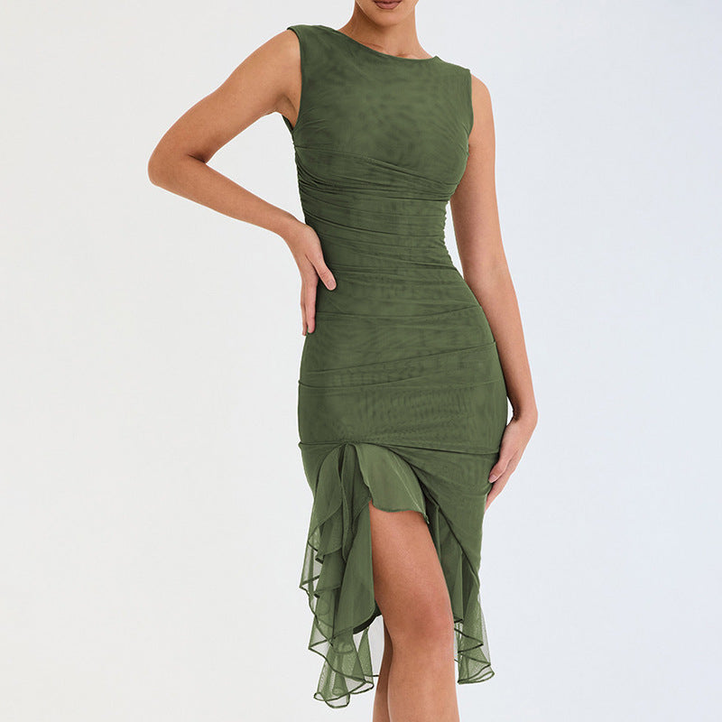 Damen figurbetontes Cocktailkleid mit raffinierten Rüschendetails und asymmetrischem Saum