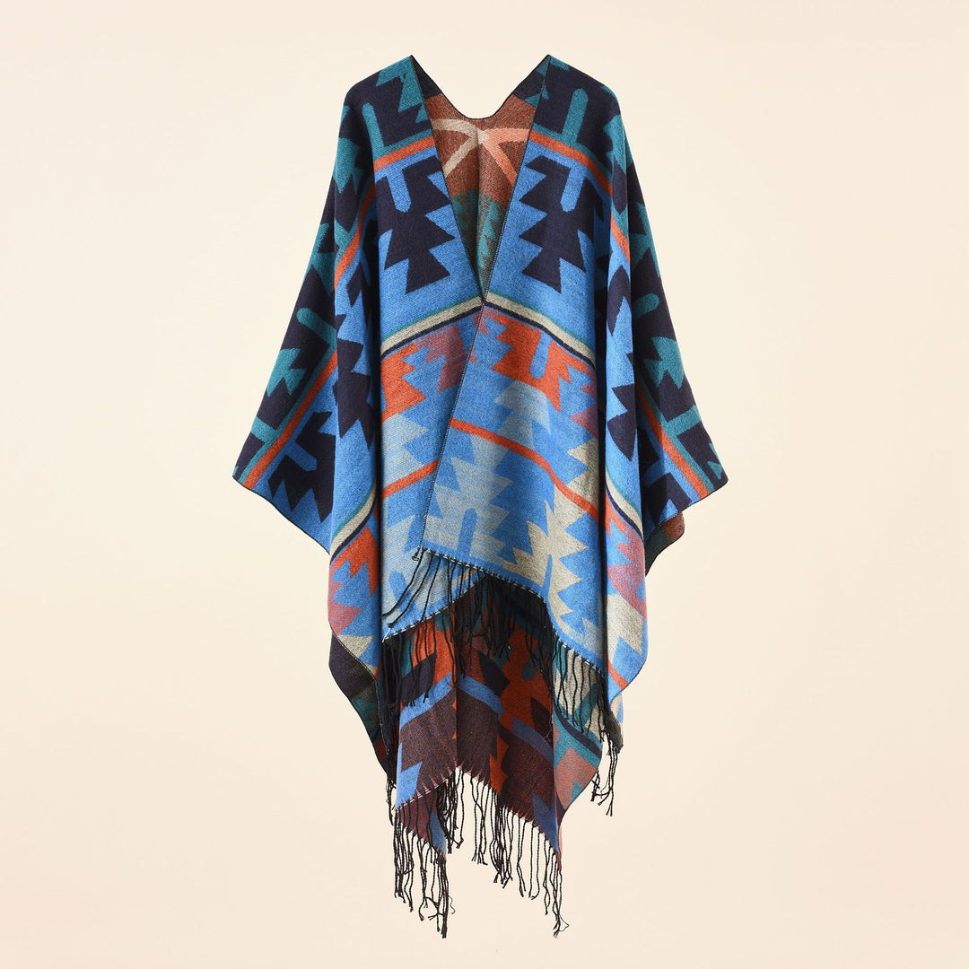 Damen Oversize-Ruana mit V‑Ausschnitt, grobem Jacquardmuster und langen Fransen Shop Nory
