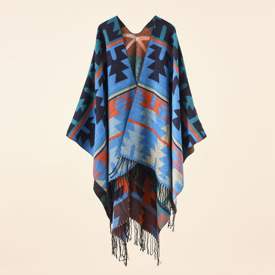 Damen Oversize-Ruana mit V‑Ausschnitt, grobem Jacquardmuster und langen Fransen Shop Nory