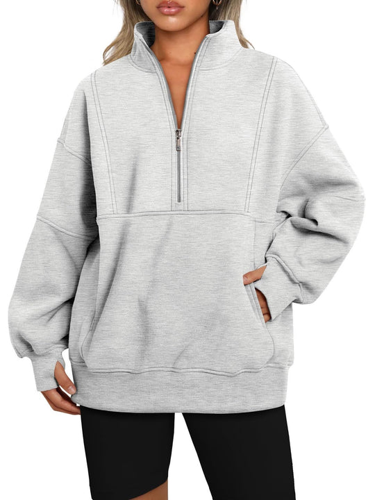 Damen Oversize-Sweatshirt mit halbem Reißverschluss, Stehkragen und Kängurutasche Shop Nory