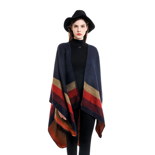 Damen Offener Strick‑Cape‑Poncho mit kontrastierenden Blockstreifen und Zierstich Shop Nory