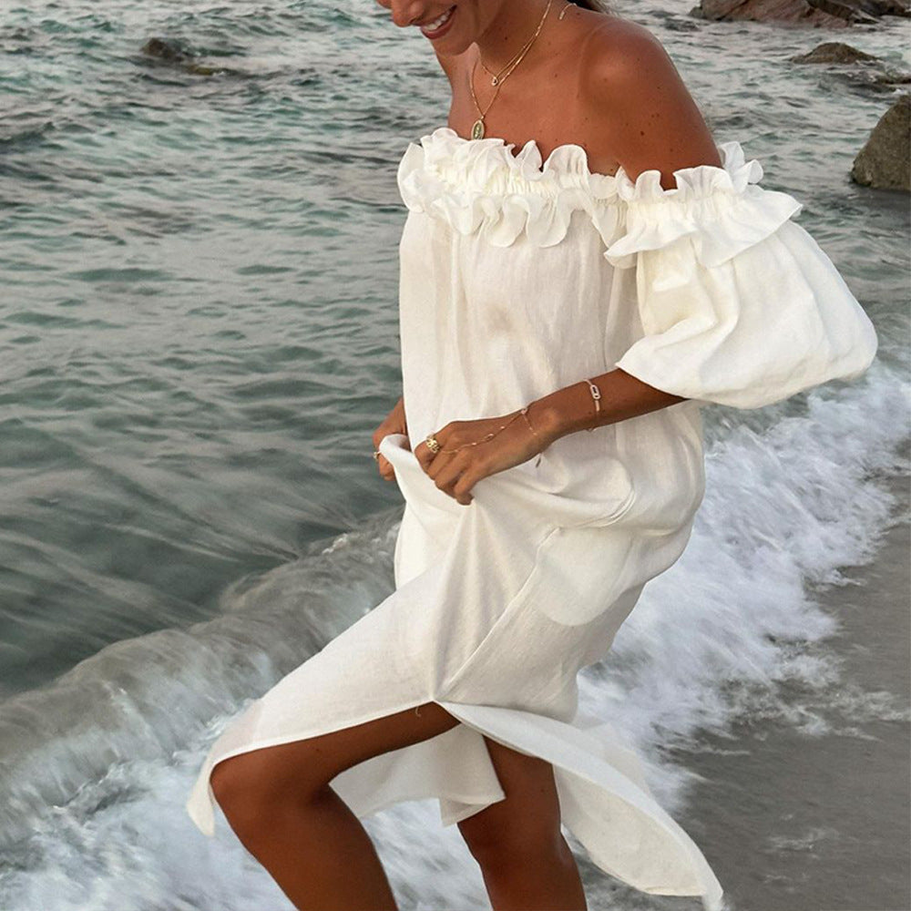 Damen Off-Shoulder Sommerkleid mit Rüschendetails