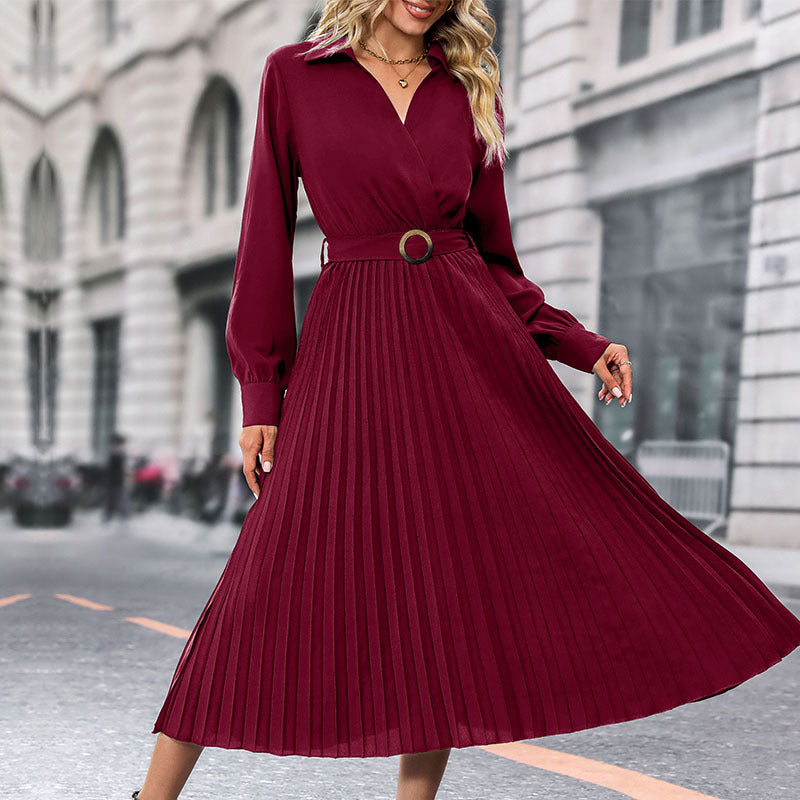 Damen Midi-Faltenkleid mit Wickeloberteil, Taillengürtel und Plissee-Rock Shop Nory