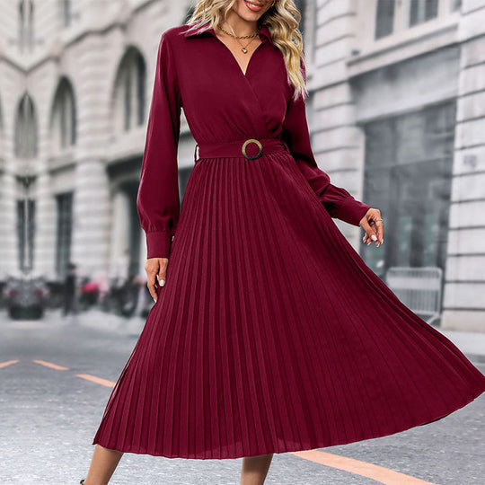 Damen Midi-Faltenkleid mit Wickeloberteil, Taillengürtel und Plissee-Rock Shop Nory