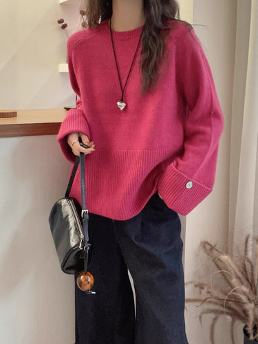 Damen Oversize‑Feinstrickpullover mit breitem Rippbund, extraweiten Ärmelabschlüssen und Zierknopf Shop Nory